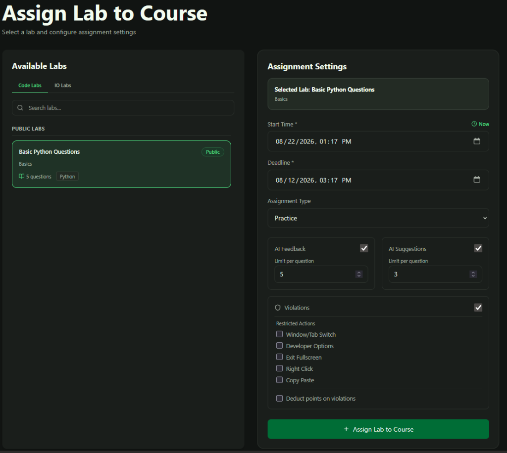 Assign Lab to Course Screen